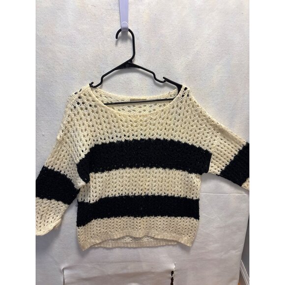 Joan Vass Studio Womens Open Knit Sweater With Black Stripes L Acrylic & Wool Bl - Picture 1 of 10